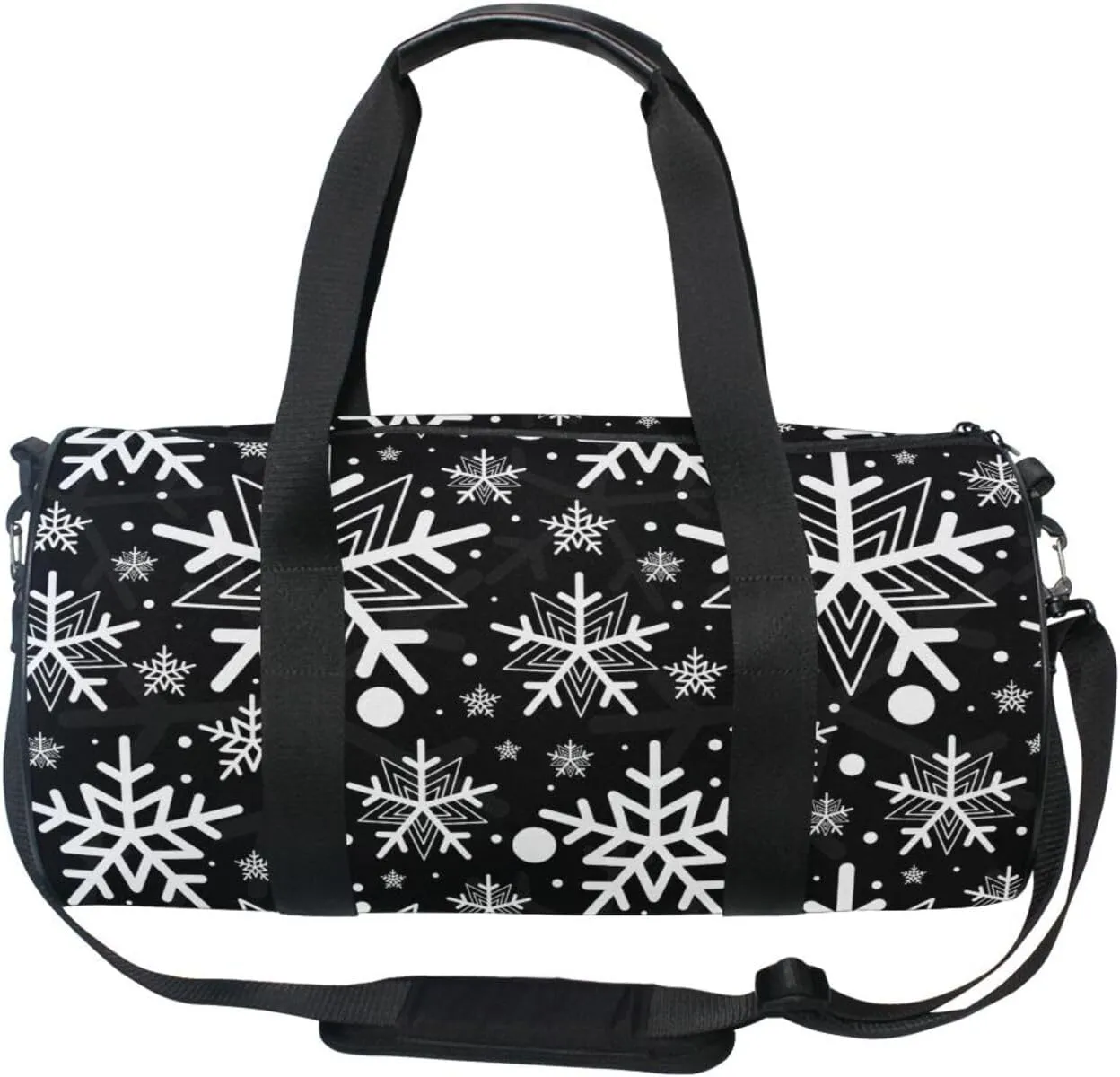 Black Background with Seamless White Snowflake Pattern Portable Gym Bag, Travel Bag, Luggage bag, Sports Bag, Toiletry Bag with Handles, Detachable Shoulder Strap 17.6 x 9 x 9 inch