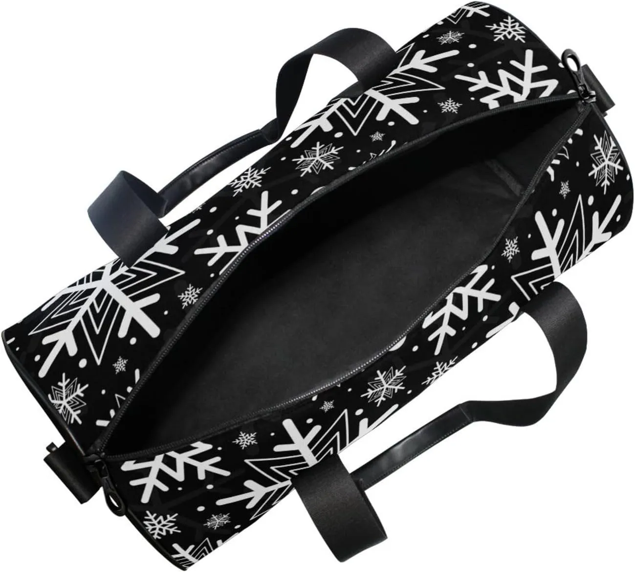 Black Background with Seamless White Snowflake Pattern Portable Gym Bag, Travel Bag, Luggage bag, Sports Bag, Toiletry Bag with Handles, Detachable Shoulder Strap 17.6 x 9 x 9 inch