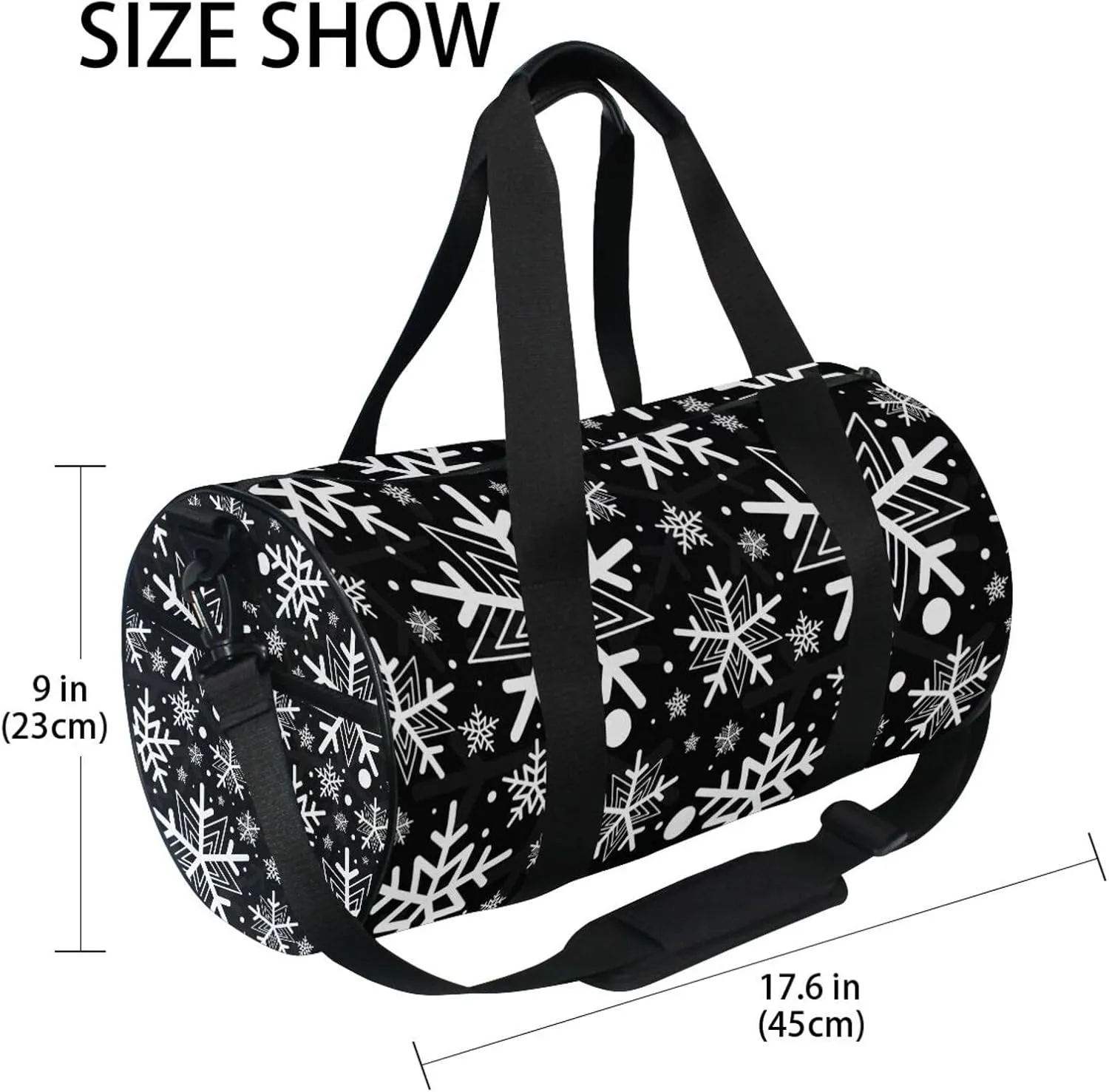 Black Background with Seamless White Snowflake Pattern Portable Gym Bag, Travel Bag, Luggage bag, Sports Bag, Toiletry Bag with Handles, Detachable Shoulder Strap 17.6 x 9 x 9 inch