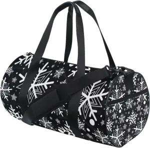 Black Background with Seamless White Snowflake Pattern Portable Gym Bag, Travel Bag, Luggage bag, Sports Bag, Toiletry Bag with Handles, Detachable Shoulder Strap 17.6 x 9 x 9 inch