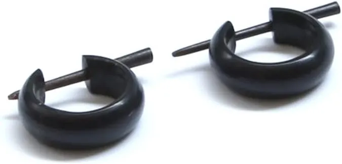 Black Horn Women Men Tribal Hoop Earrings Huggie Handmade Carved Stick Round Small U Shape Cool Hippe Hypoallergenic