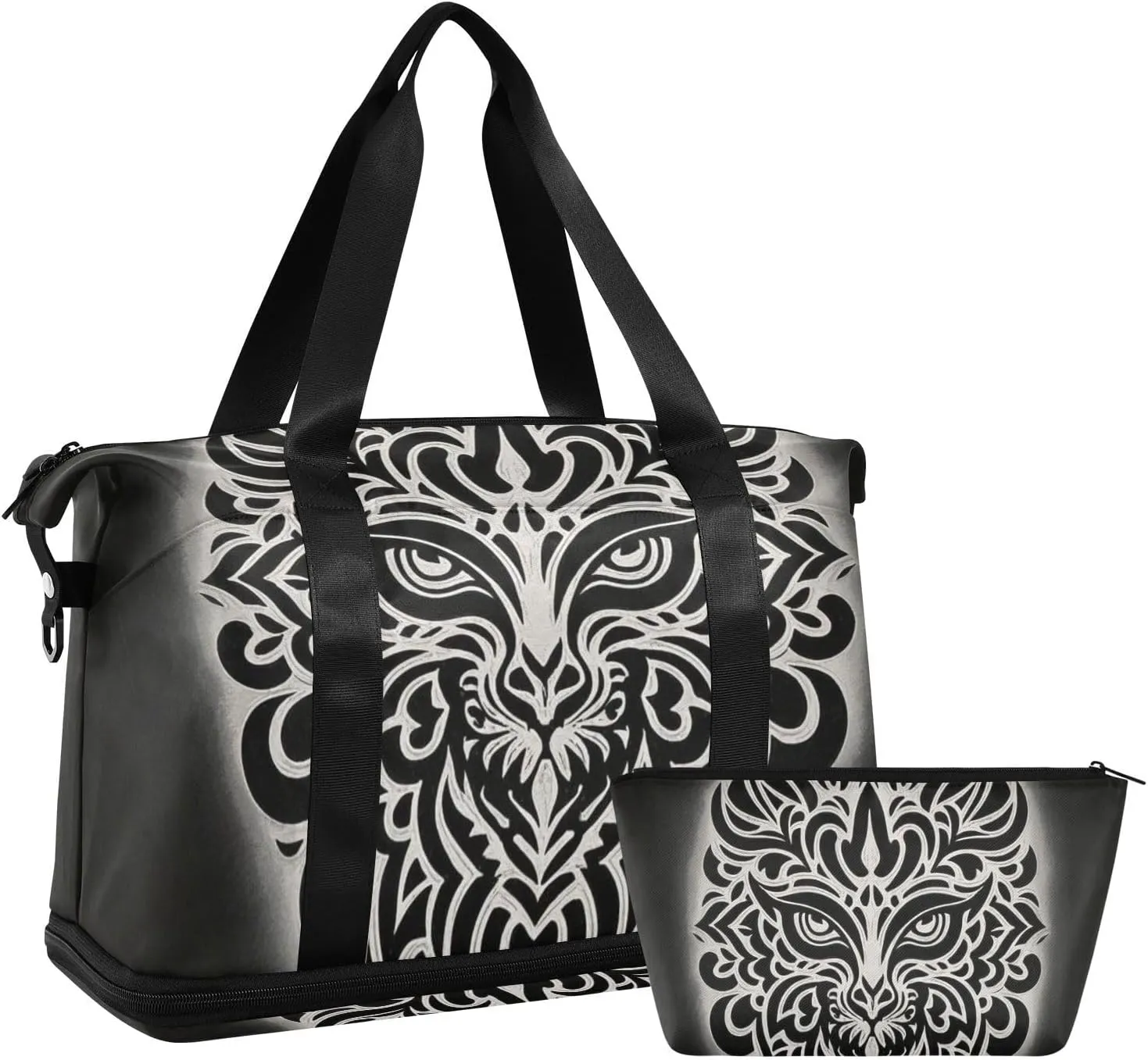 Black Tribal Cool Tigers Leopard Travel Bag Weekender Overnight Bag with Adjustable Strap for Yoga 2 Pcs Set