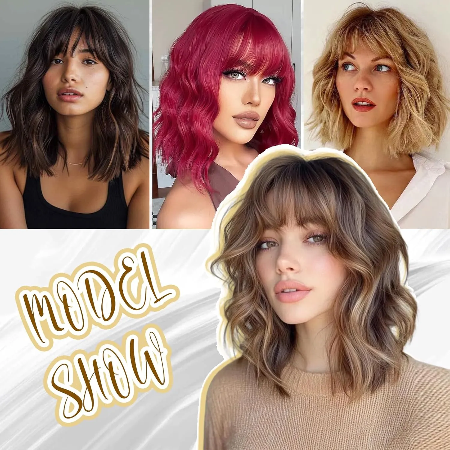 Black Wigs With Bangs Short Wavy Wig for Women 14 Inch Black Curly Shoulder Length Bob Wigs Synthetic fiber Hair for Daily Party Use