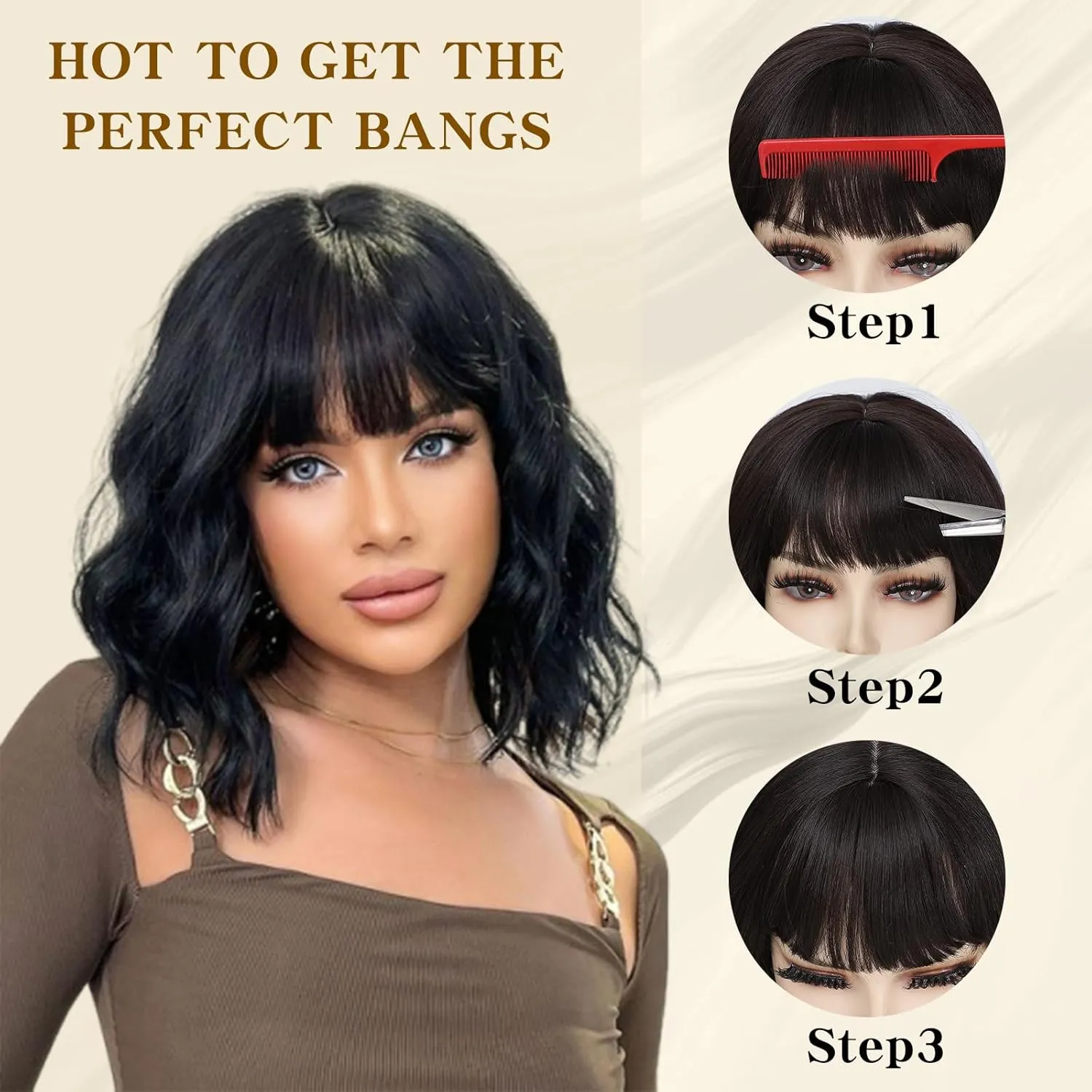 Black Wigs With Bangs Short Wavy Wig for Women 14 Inch Black Curly Shoulder Length Bob Wigs Synthetic fiber Hair for Daily Party Use