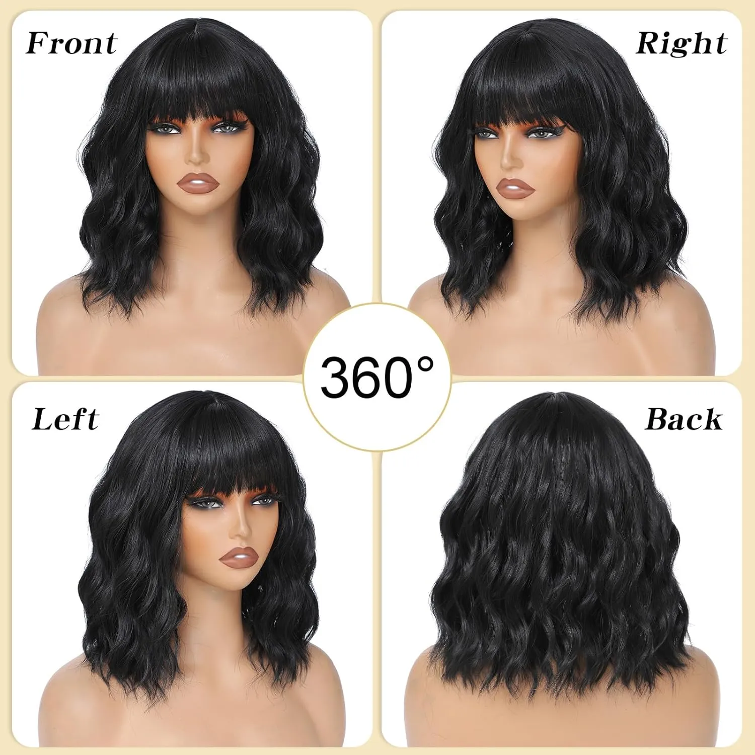 Black Wigs With Bangs Short Wavy Wig for Women 14 Inch Black Curly Shoulder Length Bob Wigs Synthetic fiber Hair for Daily Party Use