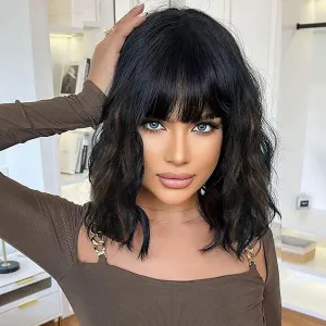 Black Wigs With Bangs Short Wavy Wig for Women 14 Inch Black mixed Brown Curly Shoulder Length Bob Wigs Synthetic fiber Hair for Daily Party Use