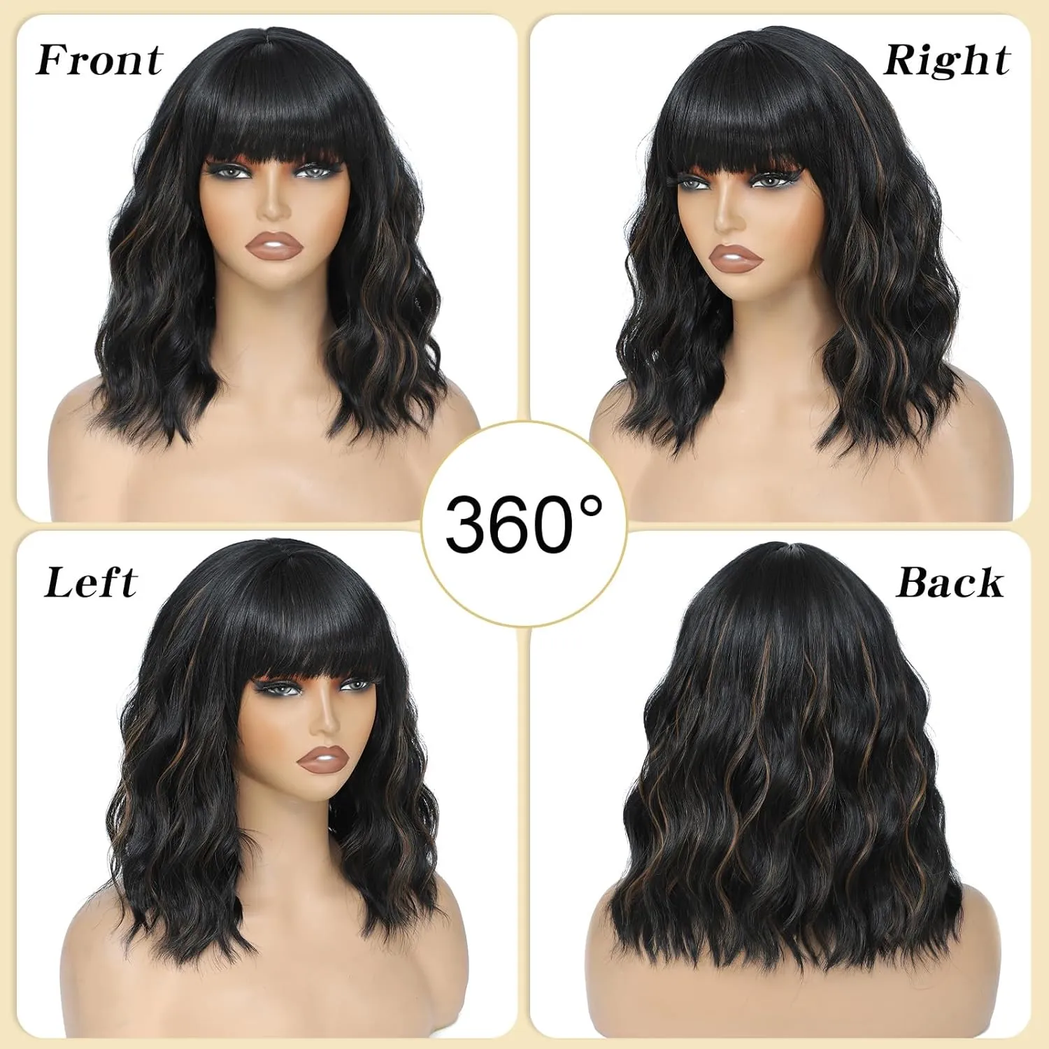 Black Wigs With Bangs Short Wavy Wig for Women 14 Inch Black mixed Brown Curly Shoulder Length Bob Wigs Synthetic fiber Hair for Daily Party Use