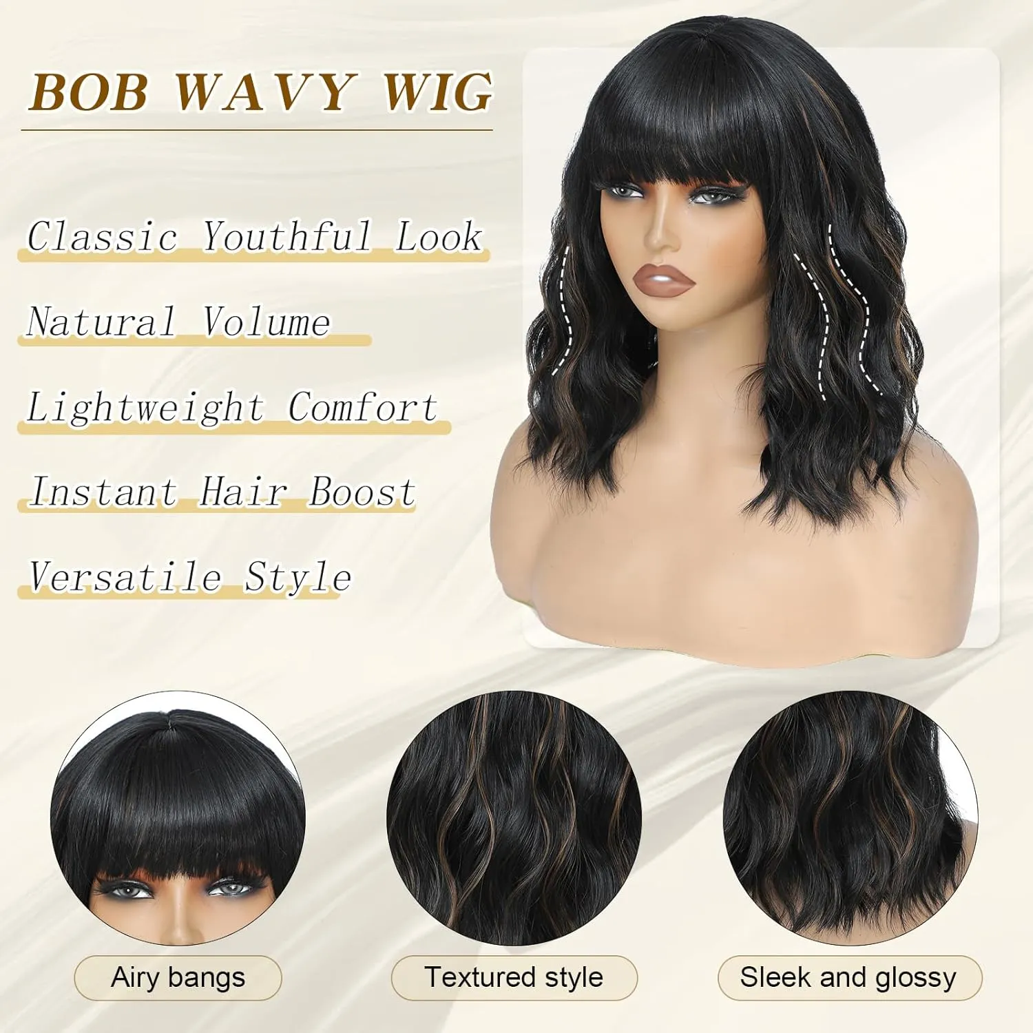 Black Wigs With Bangs Short Wavy Wig for Women 14 Inch Black mixed Brown Curly Shoulder Length Bob Wigs Synthetic fiber Hair for Daily Party Use