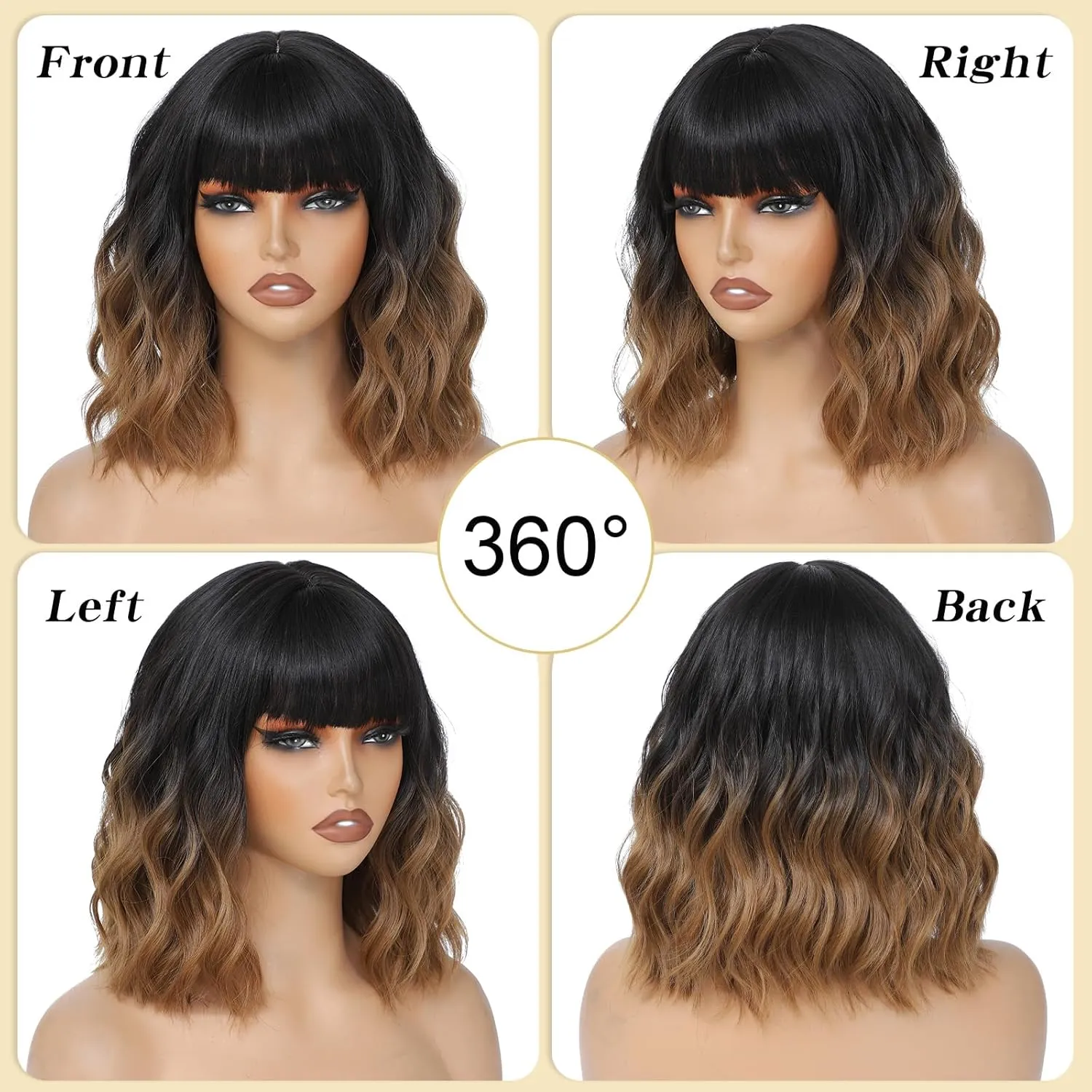Black Wigs With Bangs Short Wavy Wig for Women 14 Inch Black to Brown Curly Shoulder Length Bob Wigs Synthetic fiber Hair for Daily Party Use