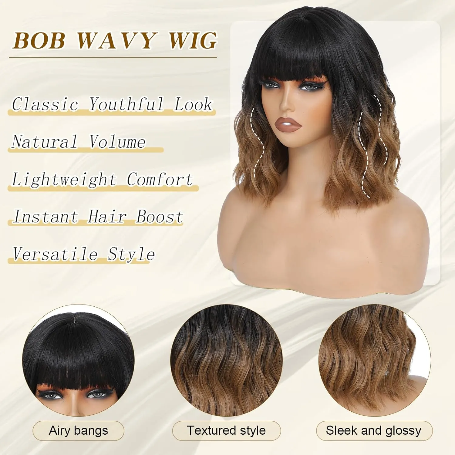 Black Wigs With Bangs Short Wavy Wig for Women 14 Inch Black to Brown Curly Shoulder Length Bob Wigs Synthetic fiber Hair for Daily Party Use