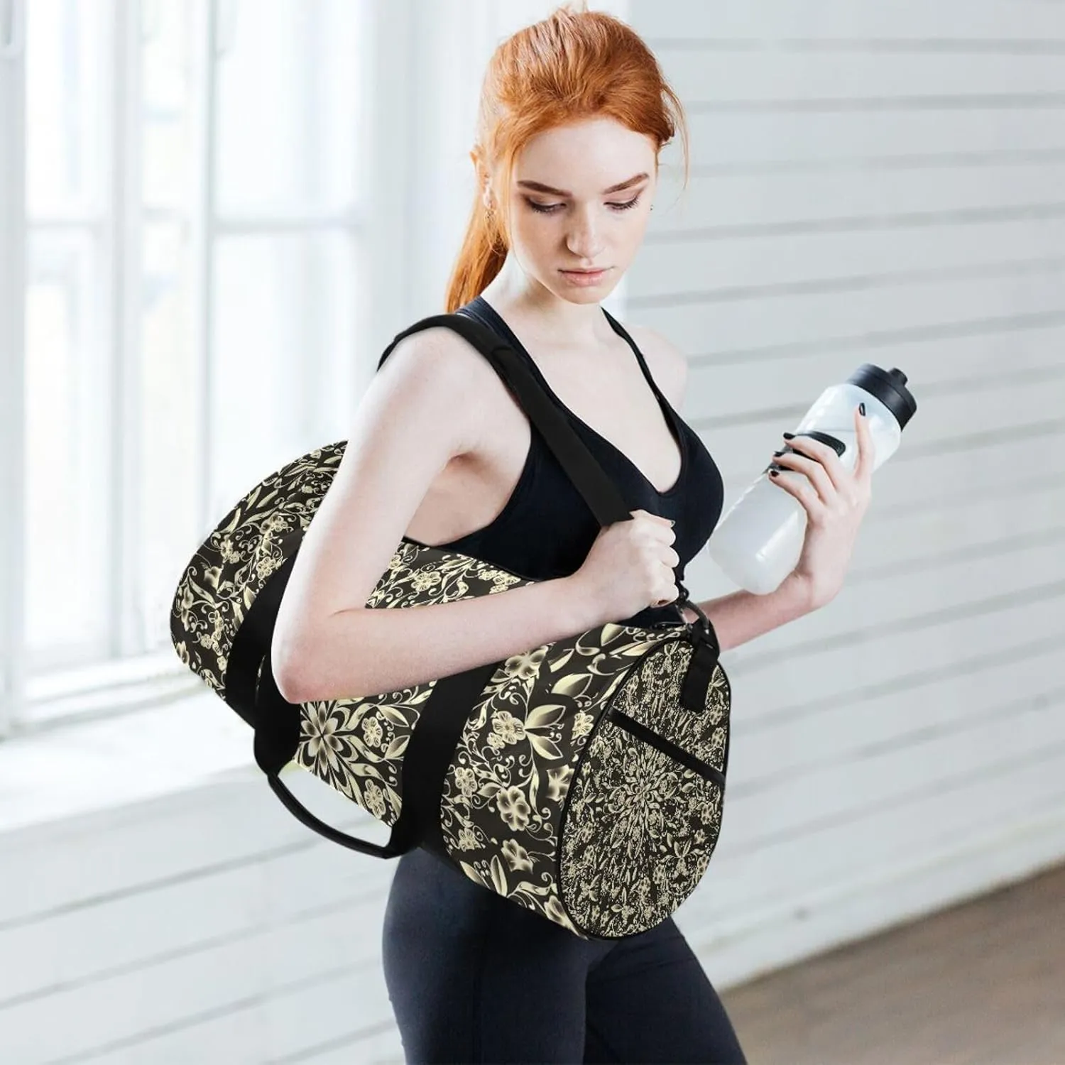 Blond Gold Floral Mandala Portable Gym Bag, Travel Bag, Luggage bag, Sports Bag, Toiletry Bag with Handles, Detachable Shoulder Strap 17.6 x 9 x 9 inch