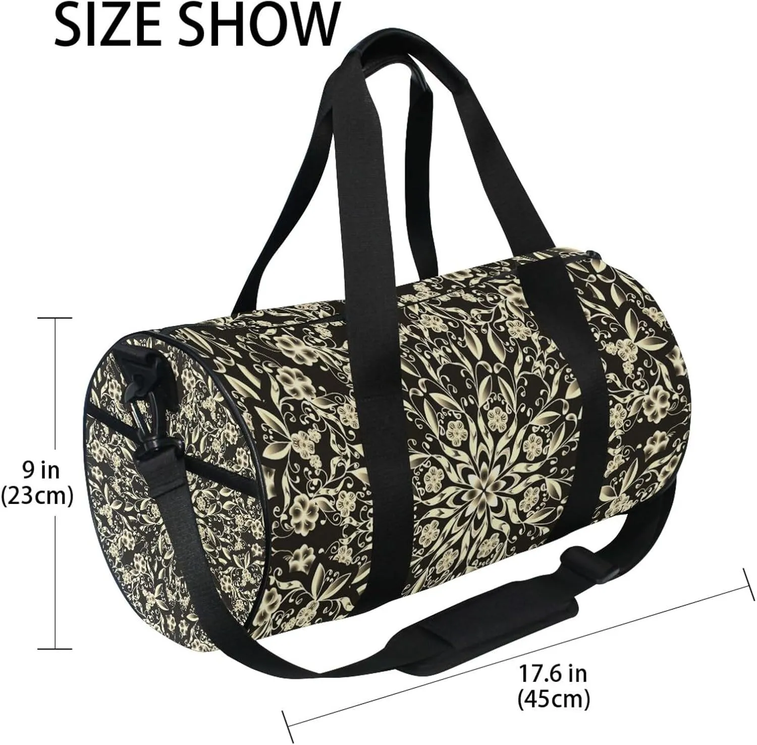 Blond Gold Floral Mandala Portable Gym Bag, Travel Bag, Luggage bag, Sports Bag, Toiletry Bag with Handles, Detachable Shoulder Strap 17.6 x 9 x 9 inch
