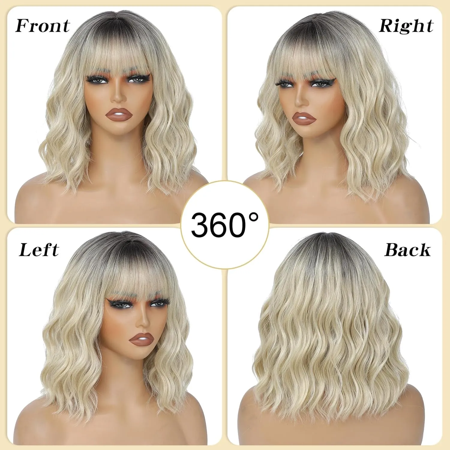 Blonde Wigs With Bangs Short Wavy Wig for Women 14 Inch Ombre Blonde Curly Shoulder Length Bob Wigs Synthetic fiber Hair for Daily Party Use