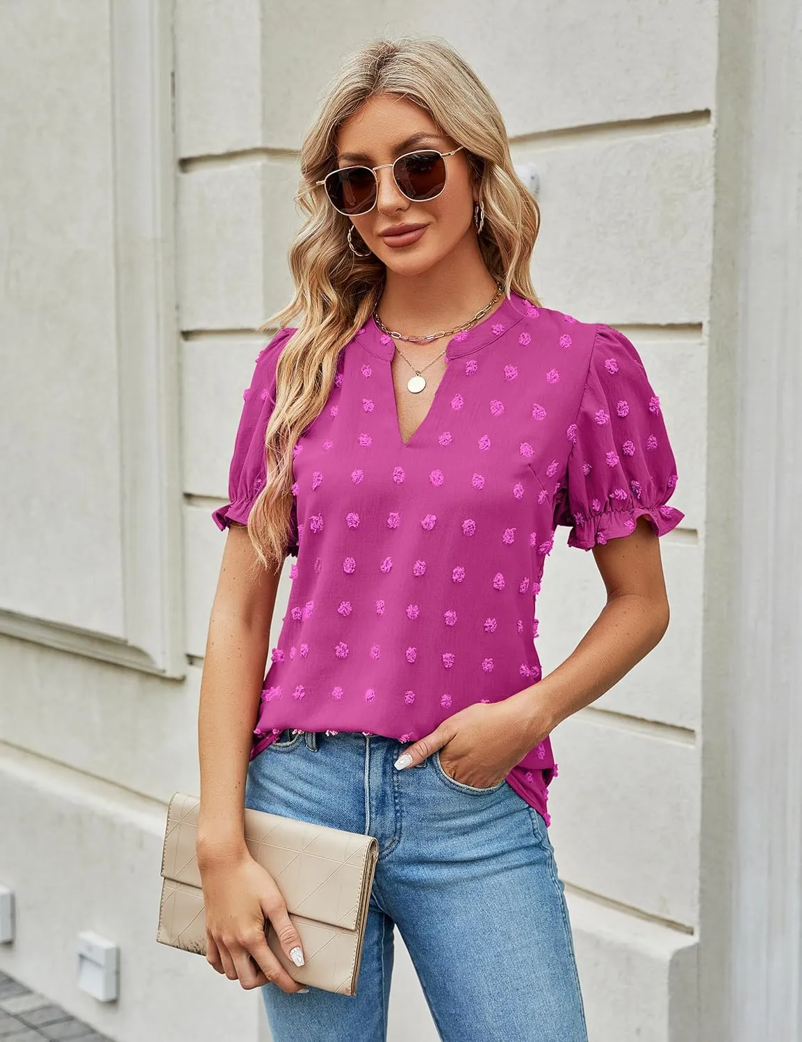 Blooming Jelly Women's Puff Sleeve Casual Tops Fashion White Polka Dot Blouses Dressy Ladies Summer Tops