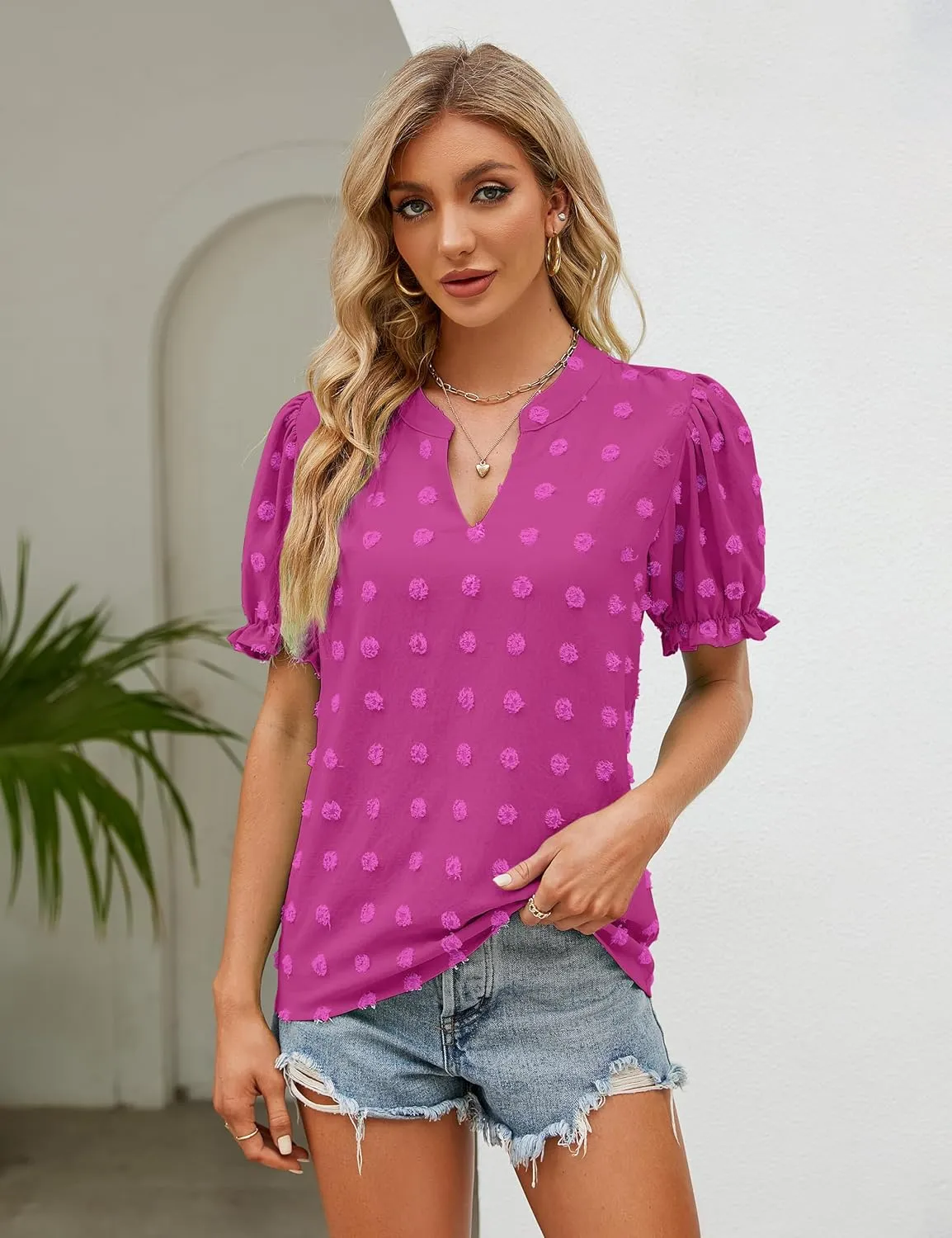 Blooming Jelly Women's Puff Sleeve Casual Tops Fashion White Polka Dot Blouses Dressy Ladies Summer Tops