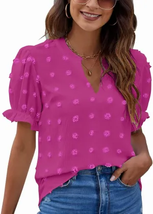 Blooming Jelly Women's Puff Sleeve Casual Tops Fashion White Polka Dot Blouses Dressy Ladies Summer Tops