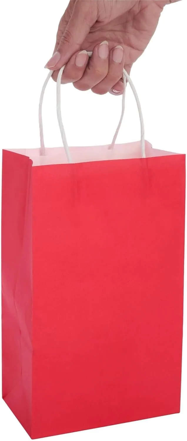 BLUE PANDA 25-Pack Red Gift Bags with Handles - Small Paper Treat Bags for Birthday, Wedding, Retail (5.3x3.2x9 In)