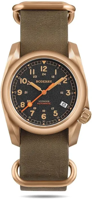 BODERRY Men's Watch Bronze Automatic Field Watch 40mm Military Watch Date Function 100M Waterproof with Genuine Leather Strap Japanese Mechanical Movement & Screw Down Crown—Voyager