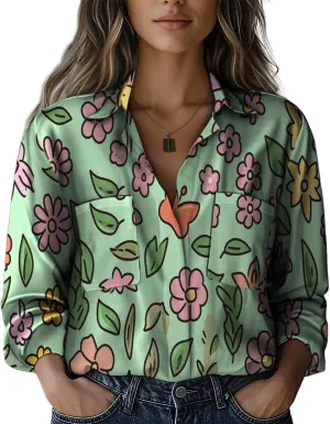 Boho Shirts for Women Hippie Stylish Floral Graphic V Neck Loose Fit Basic Comfortable Blouses with Pocket