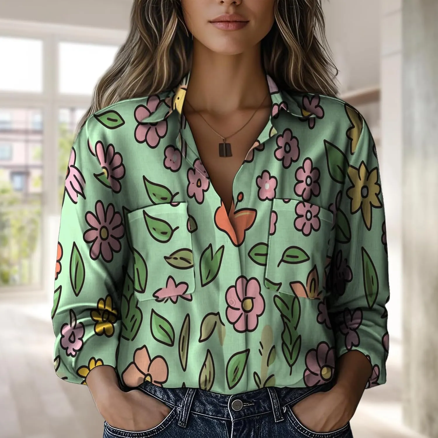 Boho Shirts for Women Hippie Stylish Floral Graphic V Neck Loose Fit Basic Comfortable Blouses with Pocket