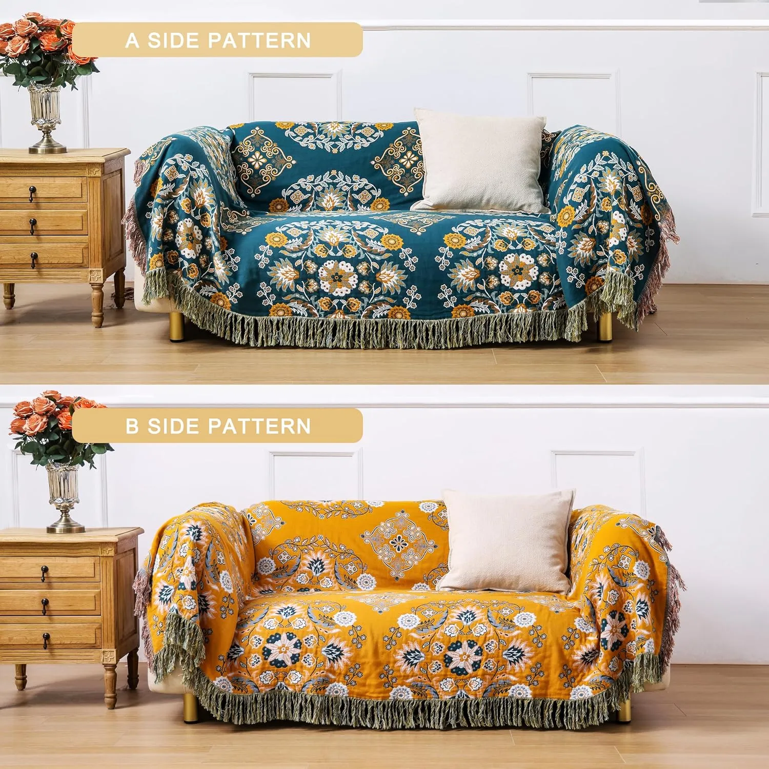 Boho Throw Blanket, 100% Cotton Soft Sofa Bed Throw-Floral Farmhouse Decor Blanket, Reversible Bohemian Throw for Chair Couch Quilt and Gift, 60" x 80"-Yellow