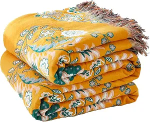 Boho Throw Blanket, 100% Cotton Soft Sofa Bed Throw-Floral Farmhouse Decor Blanket, Reversible Bohemian Throw for Chair Couch Quilt and Gift, 60" x 80"-Yellow