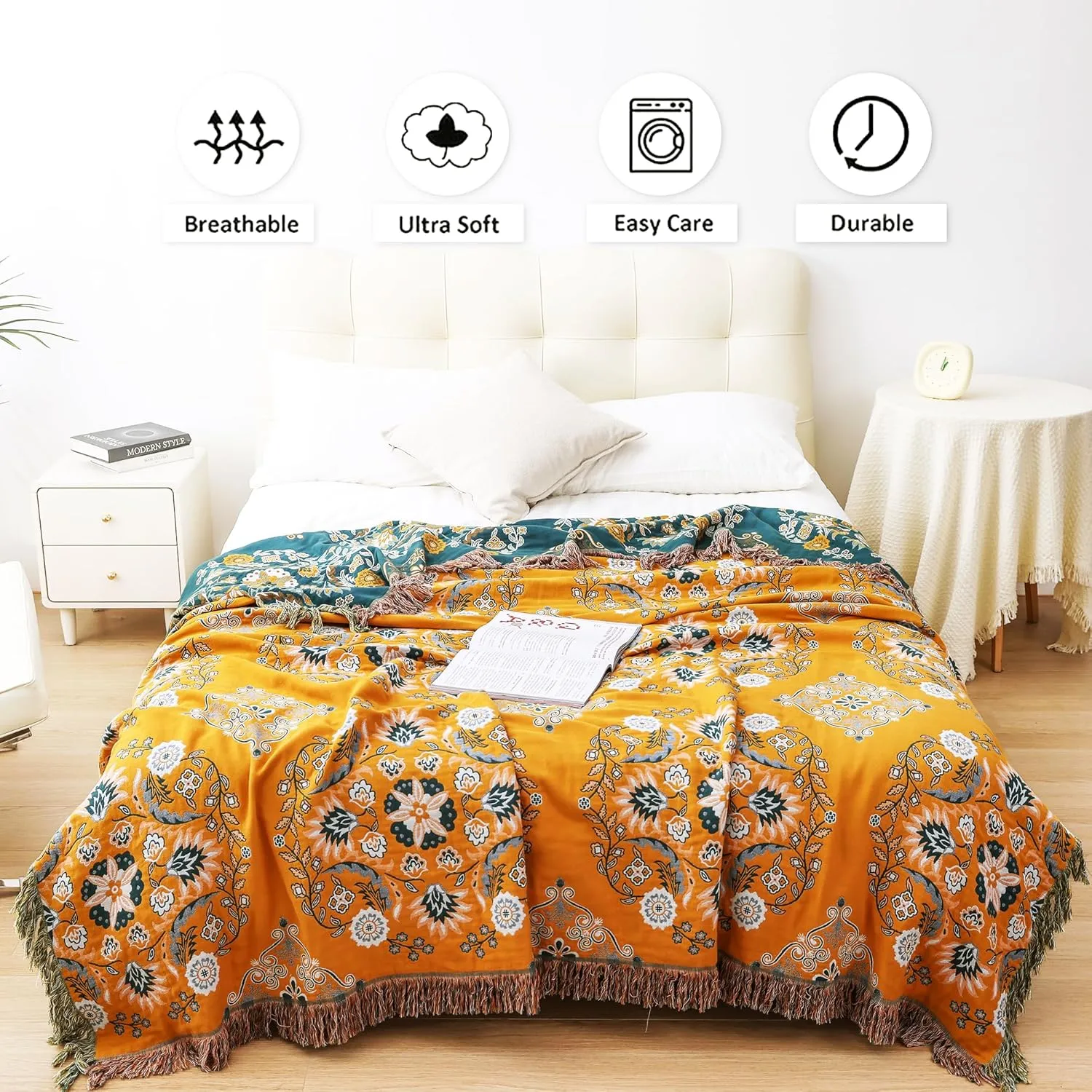 Boho Throw Blanket, 100% Cotton Soft Sofa Bed Throw-Floral Farmhouse Decor Blanket, Reversible Bohemian Throw for Chair Couch Quilt and Gift, 60" x 80"-Yellow