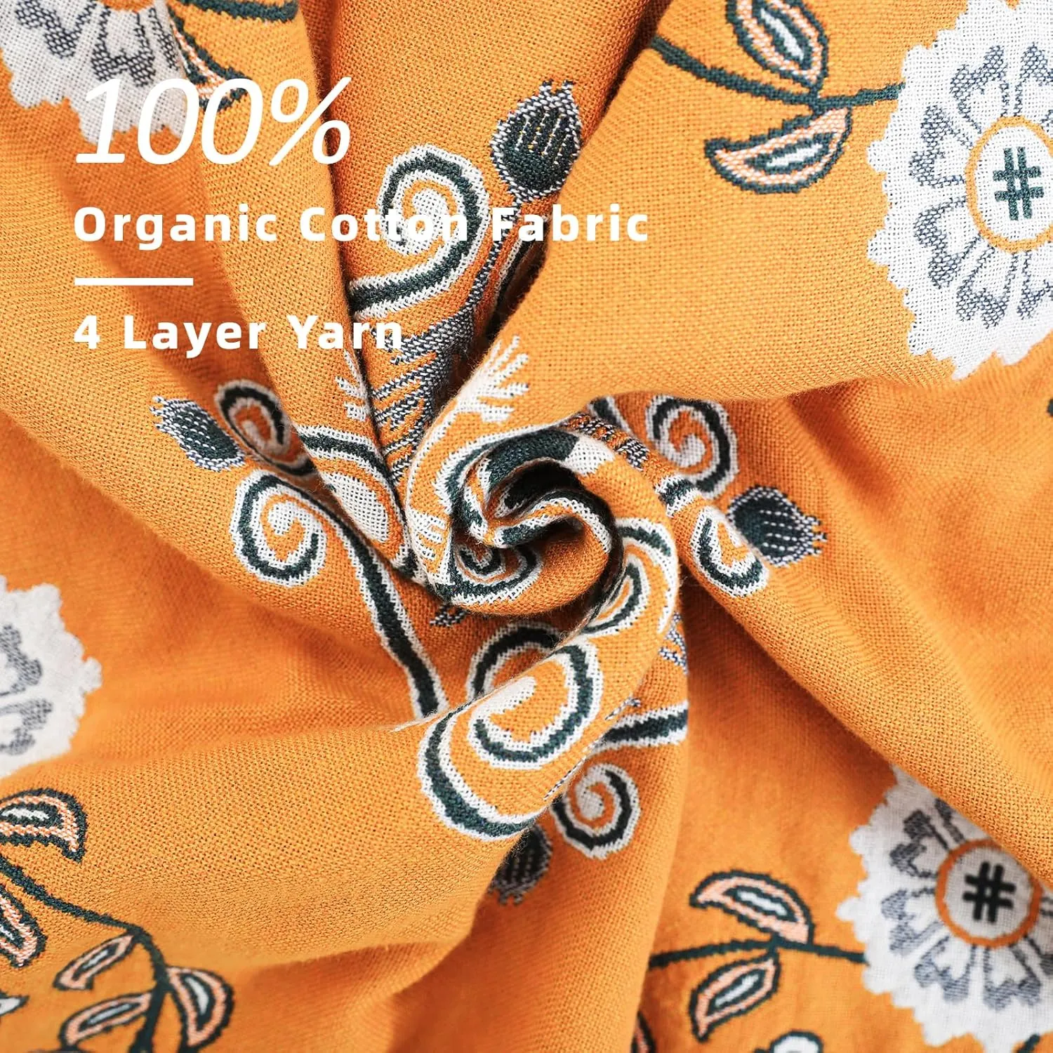 Boho Throw Blanket, 100% Cotton Soft Sofa Bed Throw-Floral Farmhouse Decor Blanket, Reversible Bohemian Throw for Chair Couch Quilt and Gift, 60" x 80"-Yellow