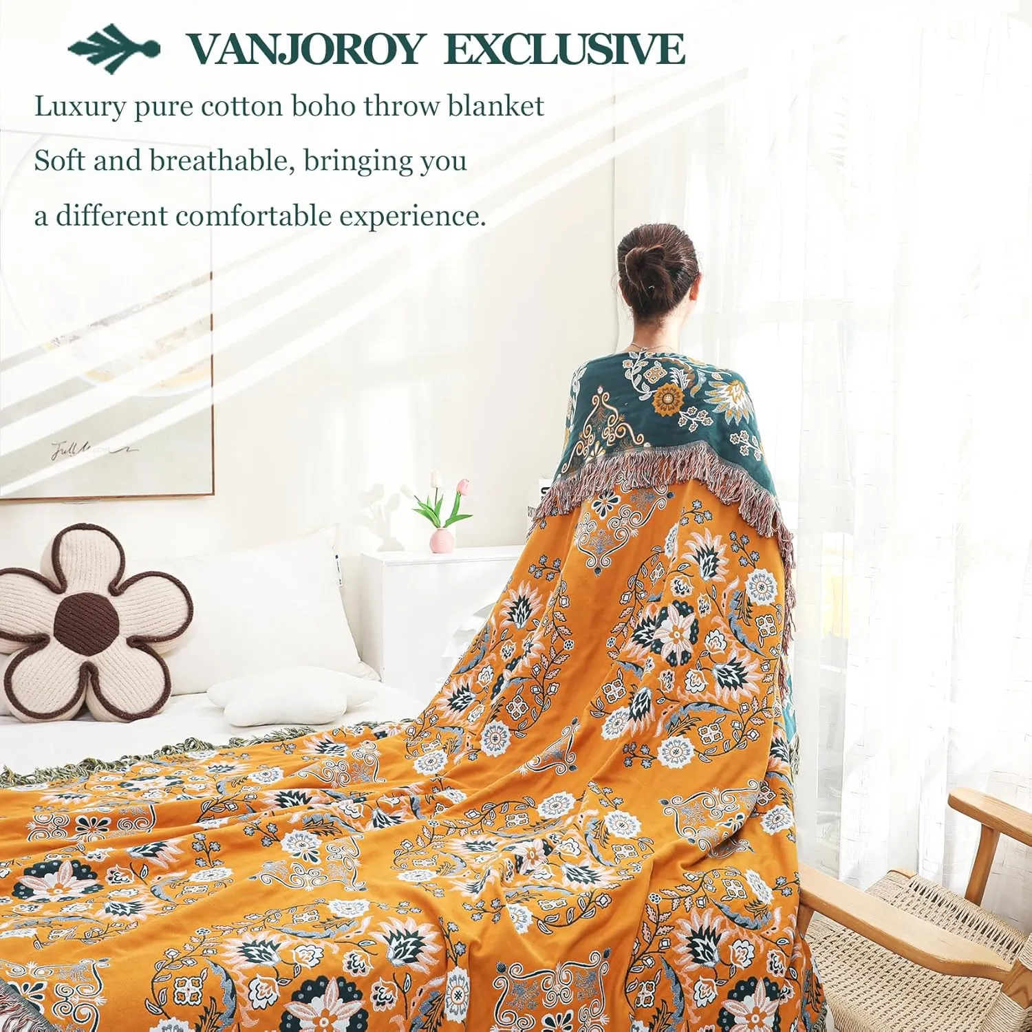 Boho Throw Blanket, 100% Cotton Soft Sofa Bed Throw-Floral Farmhouse Decor Blanket, Reversible Bohemian Throw for Chair Couch Quilt and Gift, 60" x 80"-Yellow