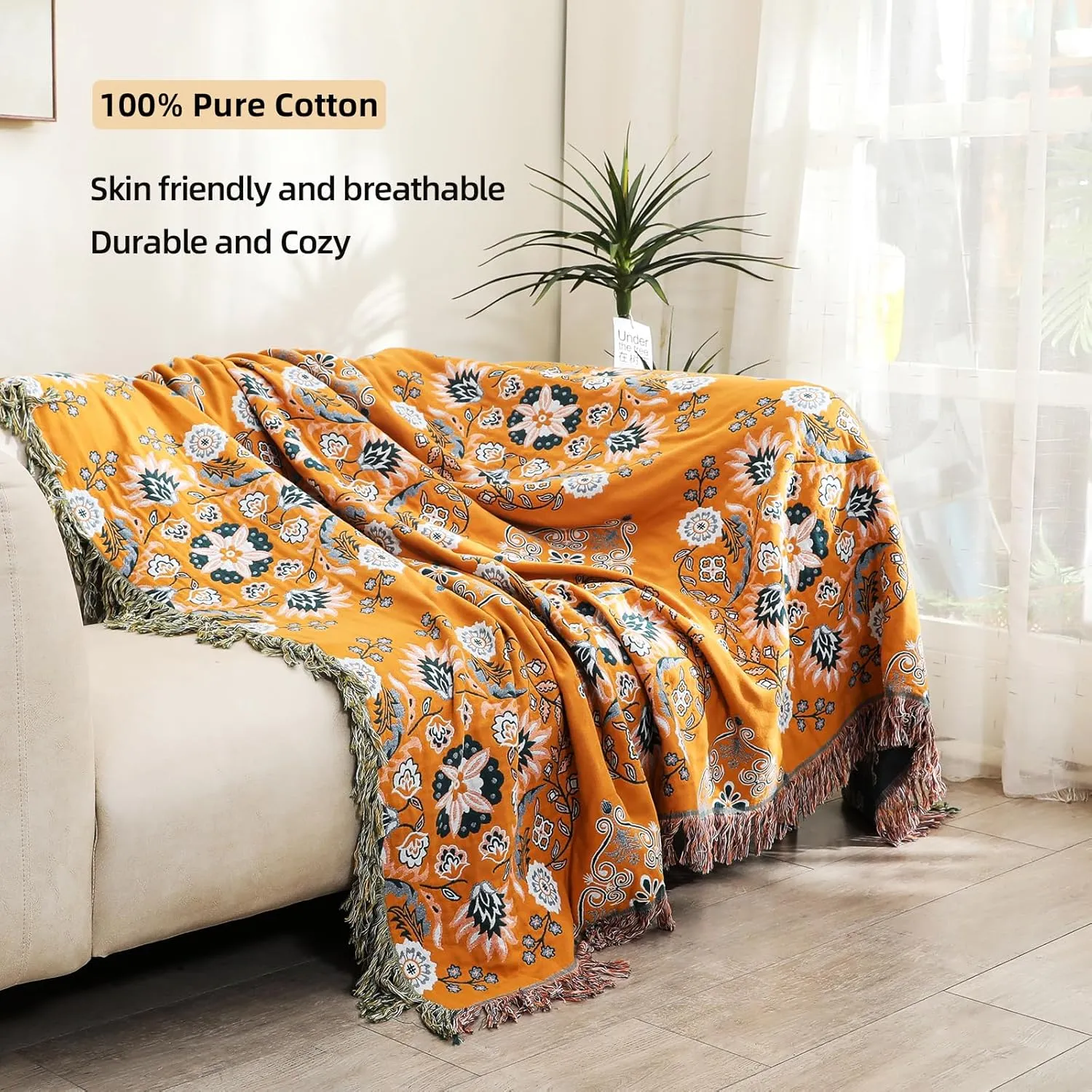 Boho Throw Blanket, 100% Cotton Soft Sofa Bed Throw-Floral Farmhouse Decor Blanket, Reversible Bohemian Throw for Chair Couch Quilt and Gift, 60" x 80"-Yellow
