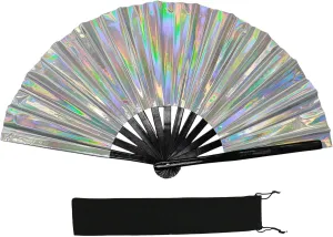 Boots on The Ground Hand Fan, 2025 New Large Glitter Holographic Rave Hand Fan with Bag, Clacking Fans for Line Dancing, Chinese Vintage Retro Fans, for Performance, Dance, Party & Gift (H)