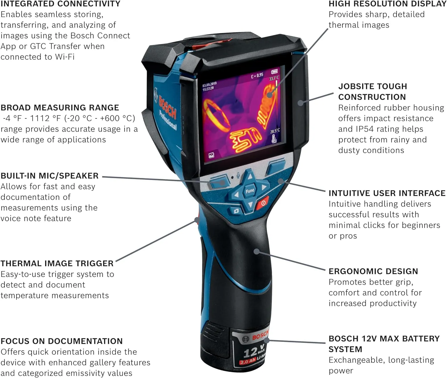 Bosch GTC600C 12V Max Thermal Camera, Includes 2 Ah 12V Max Lithium-Ion Battery & Charger, USB-A to USB-C Cable, & Plastic Case