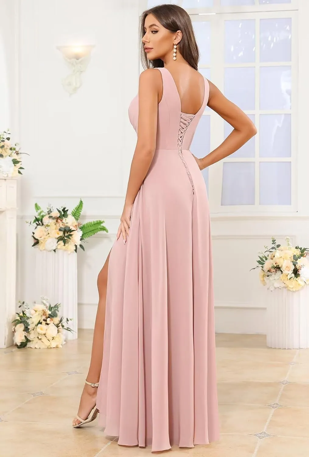 Bridesmaid Dresses for Women V-Neck Pleated Chiffon Ruffles A-Line Formal Evening Gown with Slit Pockets