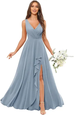 Bridesmaid Dresses for Women V-Neck Pleated Chiffon Ruffles A-Line Formal Evening Gown with Slit Pockets
