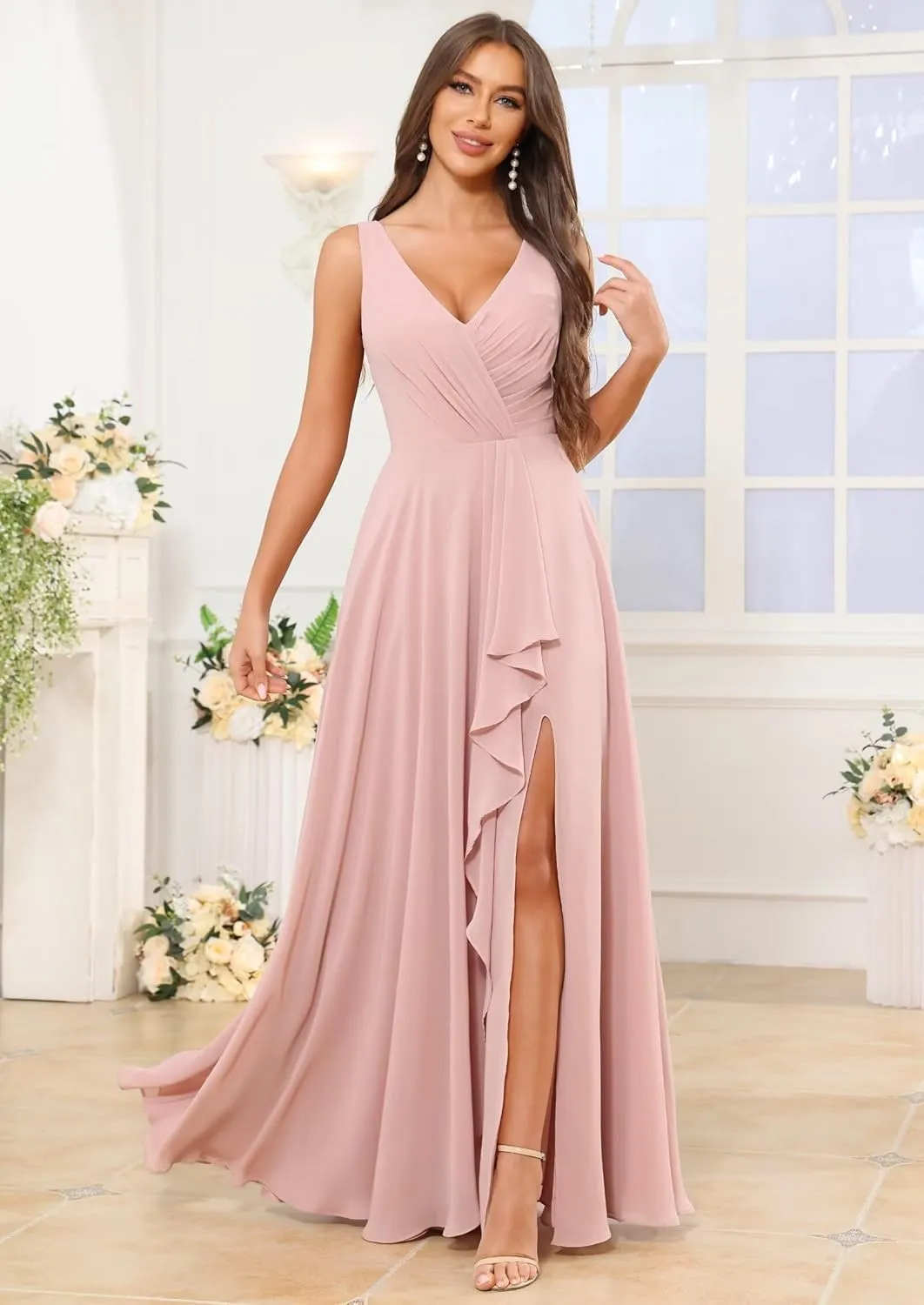 Bridesmaid Dresses for Women V-Neck Pleated Chiffon Ruffles A-Line Formal Evening Gown with Slit Pockets