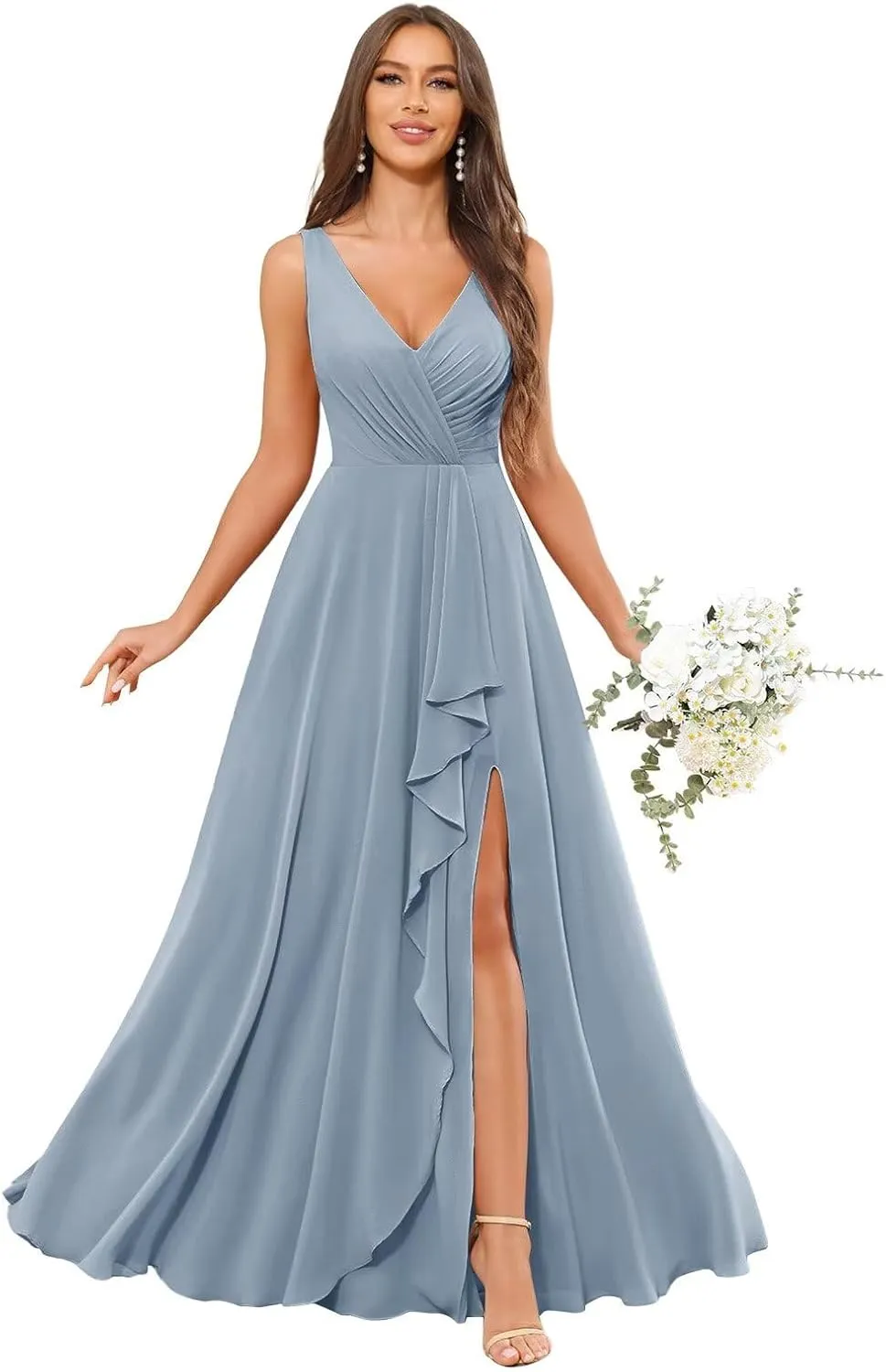 Bridesmaid Dresses for Women V-Neck Pleated Chiffon Ruffles A-Line Formal Evening Gown with Slit Pockets