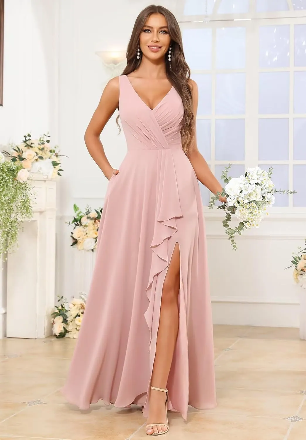 Bridesmaid Dresses for Women V-Neck Pleated Chiffon Ruffles A-Line Formal Evening Gown with Slit Pockets