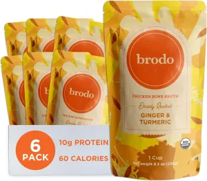 Brodo Deeply Rooted Organic Chicken Broth with Turmeric & Ginger, Nutrient-Rich Chicken Bone Broth Organic, High in Protein and Collagen for Wellness and Cooking, (6x 8.3 oz. Pouches)