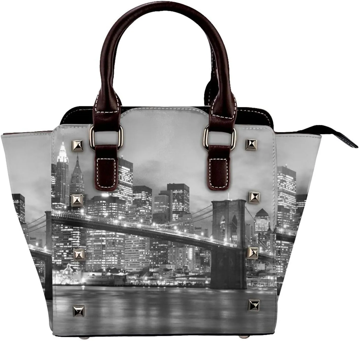 Brooklyn Bridge Manhattan Skyline Women Leather Handbag Rivet Shoulder Bag Top Handle Satchel Purse