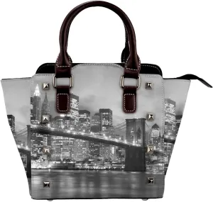 Brooklyn Bridge Manhattan Skyline Women Leather Handbag Rivet Shoulder Bag Top Handle Satchel Purse