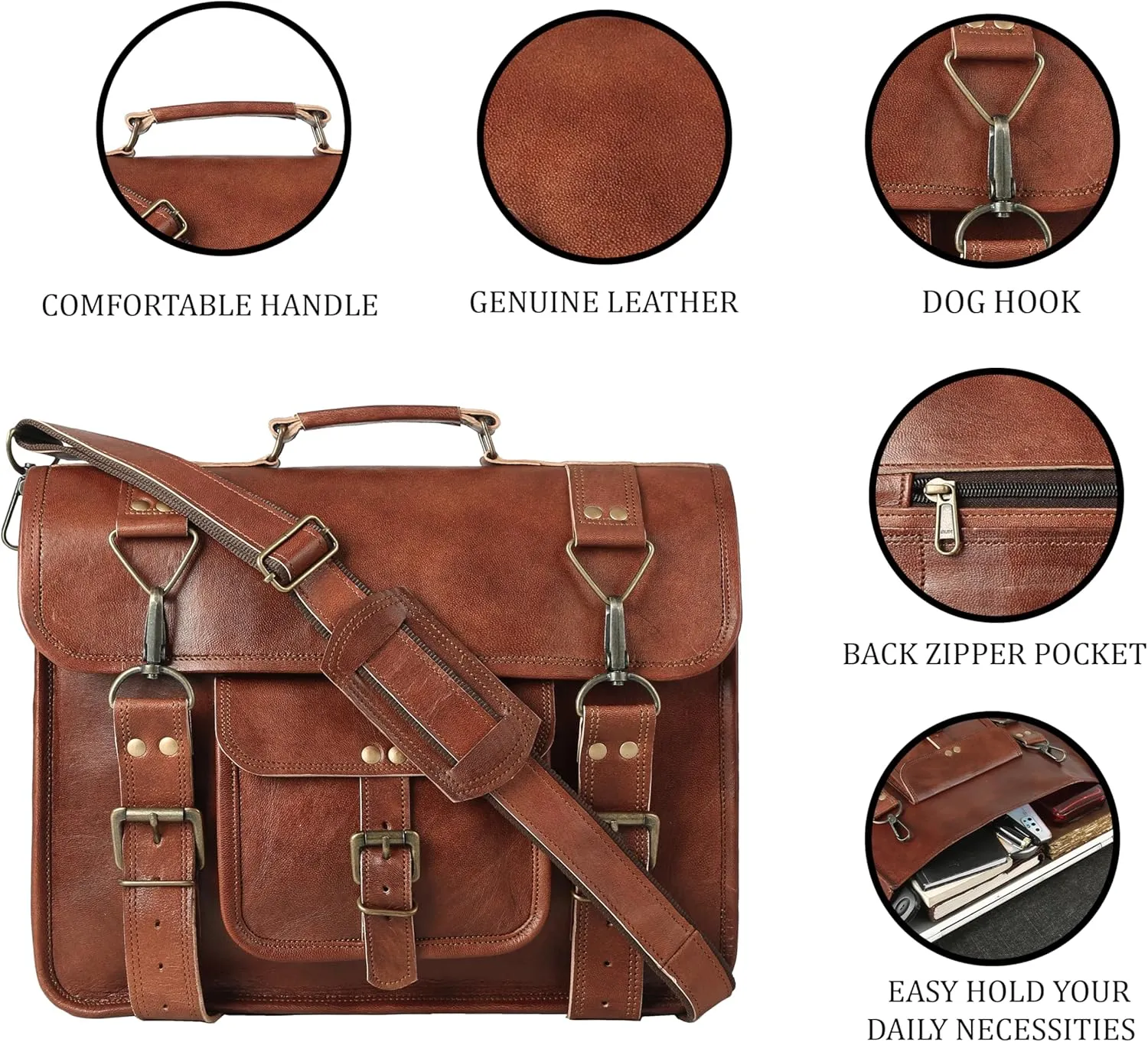 Brown Leather Messenger Bag for Men & Women Stylish Laptop Bag, Shoulder Crossbody Briefcase with Adjustable Strap (3 sizes)