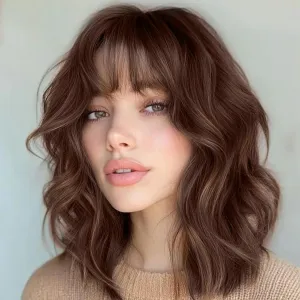 Brown Wigs With Bangs Short Wavy Wig for Women 14 Inch Brown with Highlight Curly Shoulder Length Bob Wigs Synthetic fiber Hair for Daily Party Use