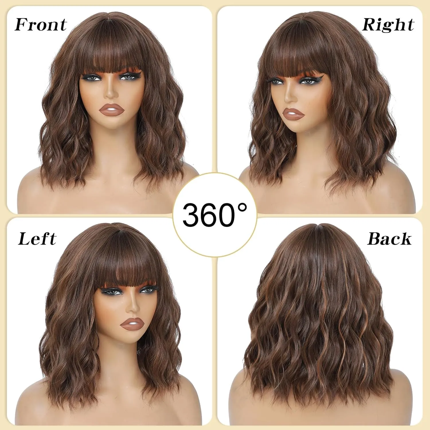 Brown Wigs With Bangs Short Wavy Wig for Women 14 Inch Brown with Highlight Curly Shoulder Length Bob Wigs Synthetic fiber Hair for Daily Party Use