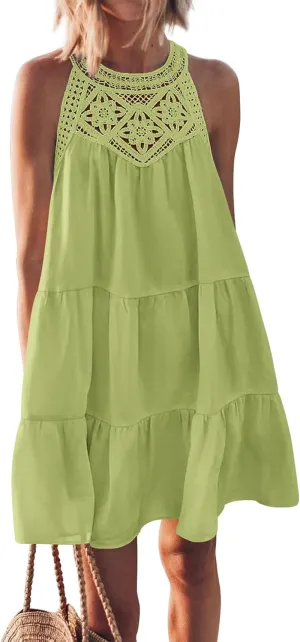 BTFBM Women Summer Halter Dresses Casual Spring 2025 Sleeveless A-Line Tiered Swing Mini Dress Beach Vacation Sundress