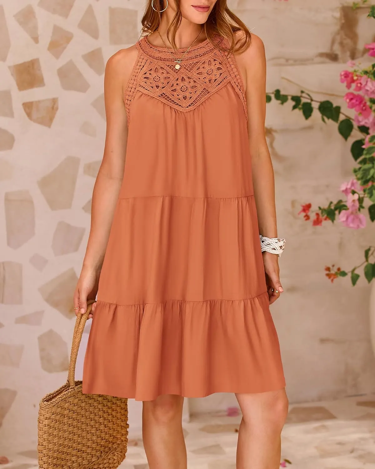 BTFBM Women Summer Halter Dresses Casual Spring 2025 Sleeveless A-Line Tiered Swing Mini Dress Beach Vacation Sundress