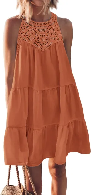 BTFBM Women Summer Halter Dresses Casual Spring 2025 Sleeveless A-Line Tiered Swing Mini Dress Beach Vacation Sundress