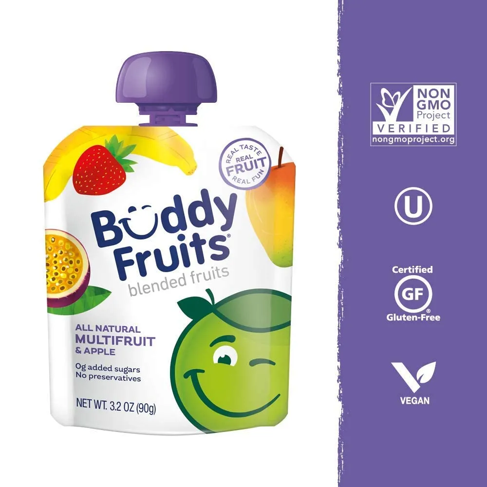 Buddy Fruits Pure Blended Fruit Snack To Go Variety Pack, Multifruit & Strawberry Applesauce 3.2oz (Pack of 24) | 100% Real Fruit | No Sugar, Non GMO, Vegan, Gluten Free, No Preservatives, BPA Free, Certified Kosher