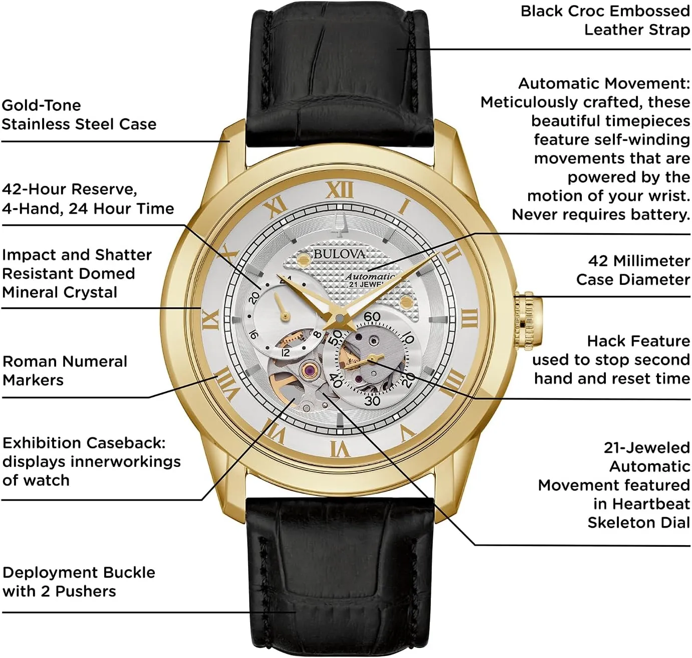Bulova Men's Classic Sutton 4-Hand Automatic Watch, 24-Hour Sub Dial, Open Aperture, Self-Winding, Exhibition Caseback, Double Curved Mineral Crystal, Luminous Hands, 42mm