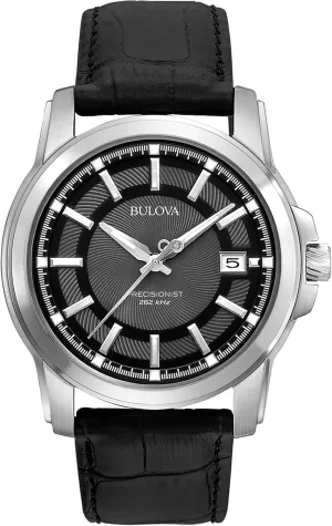 Bulova Men's Precisionist 3-Hand Calendar in Stainless Steel with Black Leather Strap and Black Patterned Dial Style: 96B158