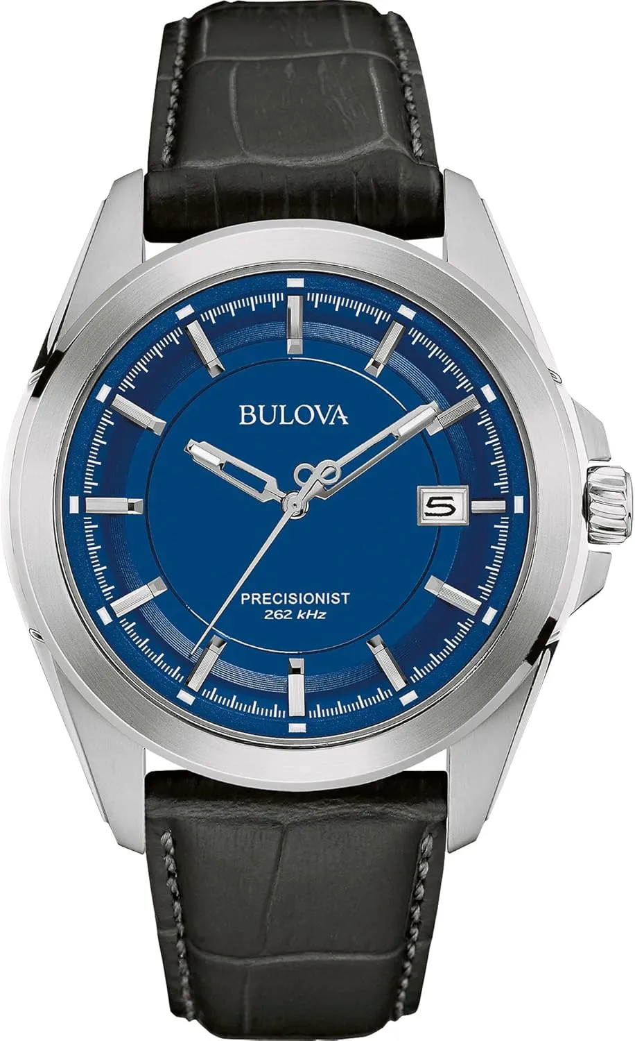 Bulova Men's Precisionist 3-Hand Calendar Stainless Steel with Black Leather Strap and Blue Dial Style: 96B257
